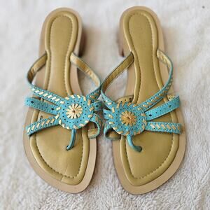 Unisa Newport‎ Thong Sandals Flip Flops Turquoise Woven Leather Medallion 9.5